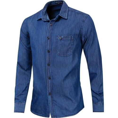 Summer Fashion Denim Shirt Men Slim Fit Long Sleeve Solid Shirt 100% Cotton Top Male Shirts With Pocket