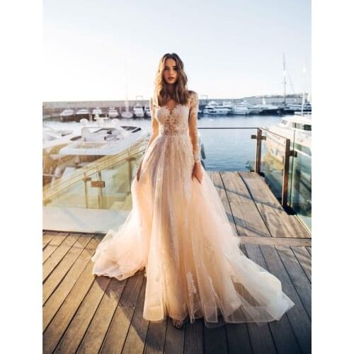 Long Sleeves Scoop A-Line Wedding Dresses 2020 Modest Lace Appliques Bridal Gowns Simple Spring Customized Long