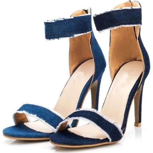 2021 Women Pumps Sexy Thin High Heels Lace up Women Super High Heels Elegant Ladies Shoes Women Peep Toe Denim 41 Size N16