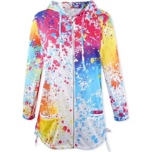 Spring Autumn Graffiti Hooded Jackets Color Block Active Women Basic Jacket Coat Zip Up Thin Fashion Harajuku Casual Outwear