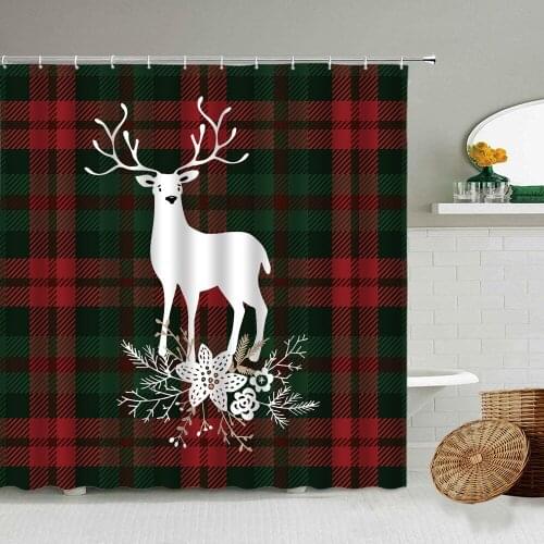 Elk Flower Shower Curtain Black Red Check Stripe Geometric Design Bathroom Wall Decoration With Hook Waterproof Polyester Screen