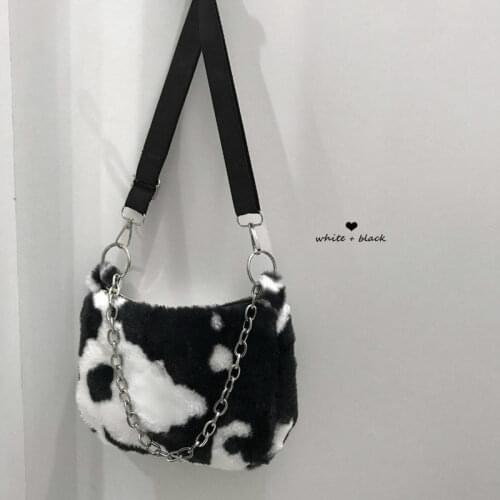 Vintage Cow Pattern Armpit Bag for Women fashion Faux Fur Ladies Chain Small Shoulder Crossbody Bags Soft Plush Girls Handbags