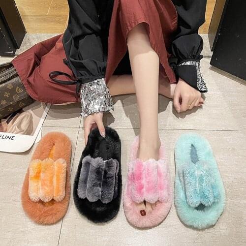 Women Winter Home New Warm Fur Slippers Fashion Gradient Bunny Warm Plush Ladies Fluffy Shoes Cozy Open Toe Indoor Fuzzy Slides