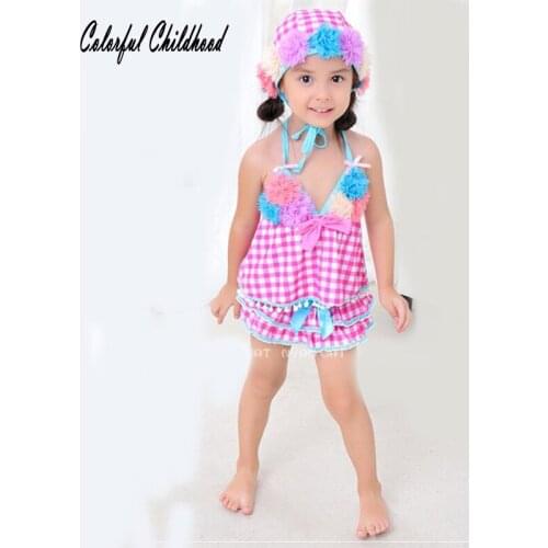 2-6 years baby girl swimwear pink plaid floral swimsuit flabala Bikini children kids swimming suits toddler infant swimming sets