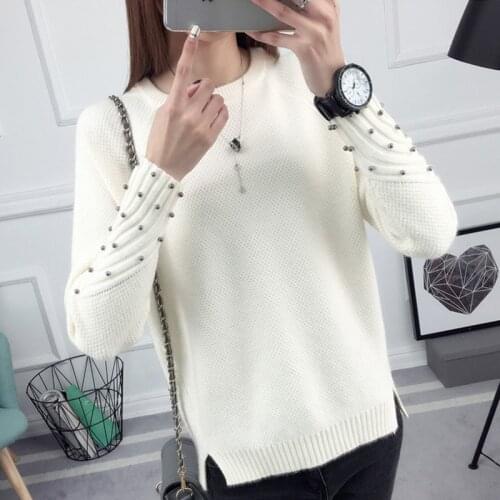 2019 Autumn New Women Sweater Fashion Winter Knitted Beading Pullovers Long Sleeve Casual Jumper Pull Femme Clothing Tops R922