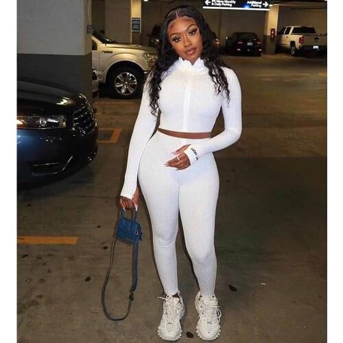 Two Piece Set Women 2021 Autumn Ribbed Knit Tracksuits Letter Embroidery Long Sleeve Zipped Crop Tops + Pencil Pants 2Pcs Sets