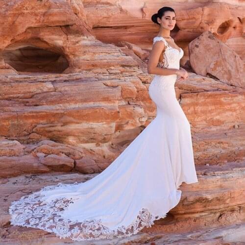 Satin Mermaid Wedding Dress Boho Sexy Sleeveless V Neck Beaded hijab Bridal Dress Wedding Gowns Women Long Train