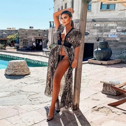Leopard Print Summer Chiffon Maxi Dresses for Women Lacework Waist Band Cut Out Bohemian Dress Vintage Front High Split Dress