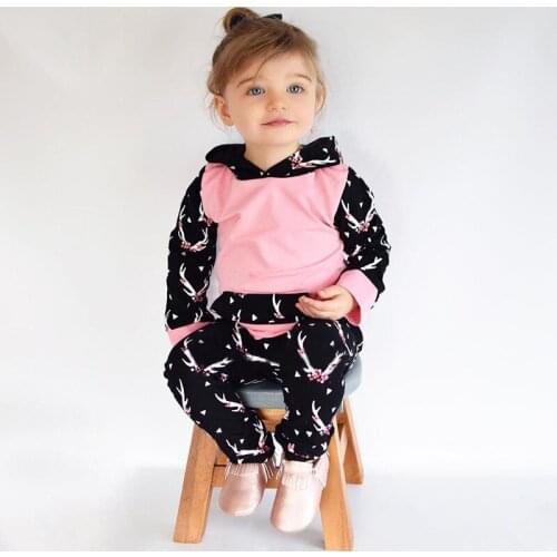 2018 spring outfits / Hoodied outfits set / rein-deer print leggings + pink hoodies