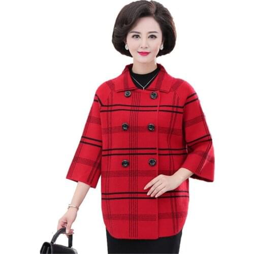 2019 Fashion Knit Sweater Cardigan Women Mid-Long Seven-quarter Sleeve Plaid Jacket Autumn Winter Warm Jacket Mothers clothing