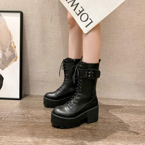 Demonia boots Black Platform Combat Ankle Boots For Women Lace Up Buckle Strap Woman Shoes Winter Biker Boots Big Size LJB280