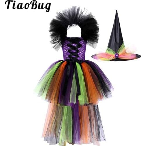 TiaoBug Kids Girls Halloween Witch Costume Halter Sleeveless Rainbow Tutu Mesh Dress with Hat Set Carnival Cosplay Party Clothes