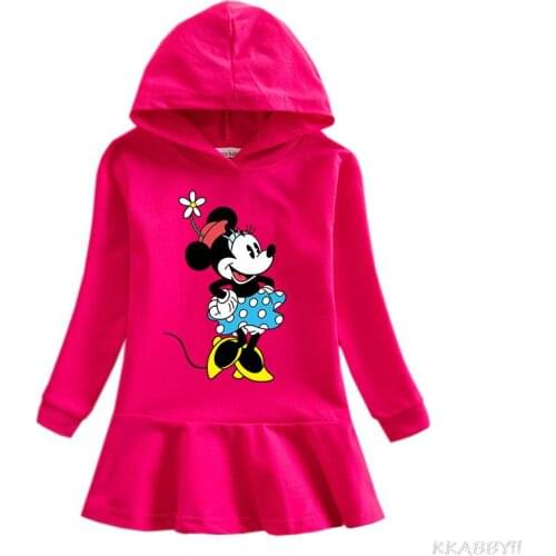 Disney Mickey Cartoon Print Girl Kid Cotton Hoodie Dress with Pleated Hemline Long Sleeve Baby Child Sweatshirt Clothes