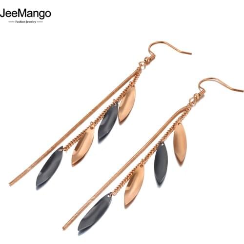 JeeMango Bohemia Design Stainless Steel Tassel Leaves Party Jewelry Trendy CZ Crystal Dangle Earrings For Women Girls JE20167