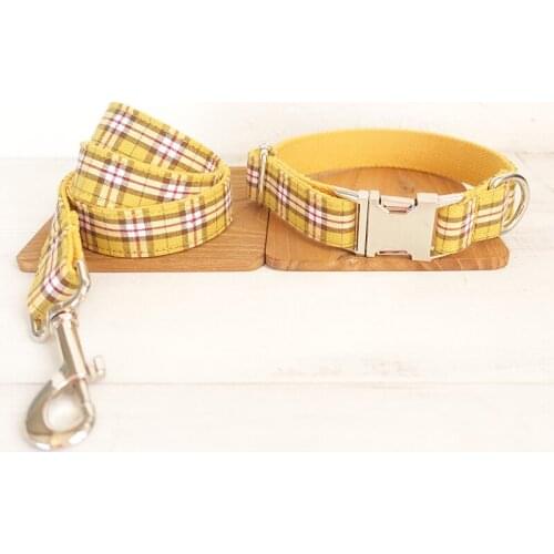 Handmade plaid vara bow pet collar THE LEMON PLAID dog collar and leash set with bow tie 5 sizes