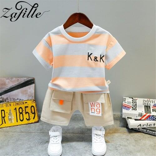 ZAFILLE Baby Toddler Kids Clothes Boy Handsome Striped Color Block Boy Tops T-shirt Overall Shorts 2pcs Summer Childrens Suit