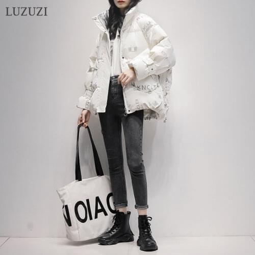 LUZUZI Fashion Womens Winter Letter Bright Wash Free Down Jacket 2021 Loose Middle Long Thick Warm White Duck Dowm Puffer Coat