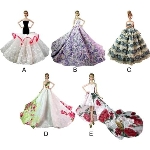 Besegad Mini Girl Doll Long Bride Wedding Dresses Princess Party Bubble Dress Outfit Clothes Costume Accessories for Barbie Toy