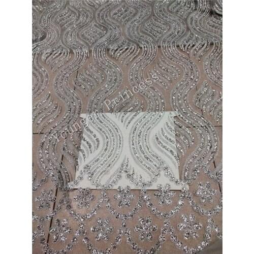 Fashion YG-79 african glitter lace fabric for party dress 5yard/lot silver color tulle lace with glued glitter