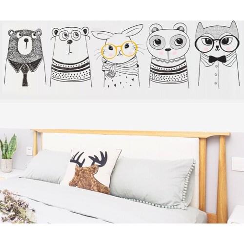 Cartoon animal wall stickers bear rabbit black and white simple painting children bedroom decoration For closet room door glass