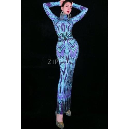 New Blue Purple Rhinestones Dress Womens Birthday Celebrate Dress Evening Party Clothes Women Singer Long Dress