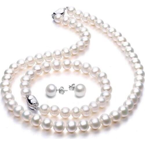Charming 9-10 mm natural white pearl necklace 18" bracelet earrings sets