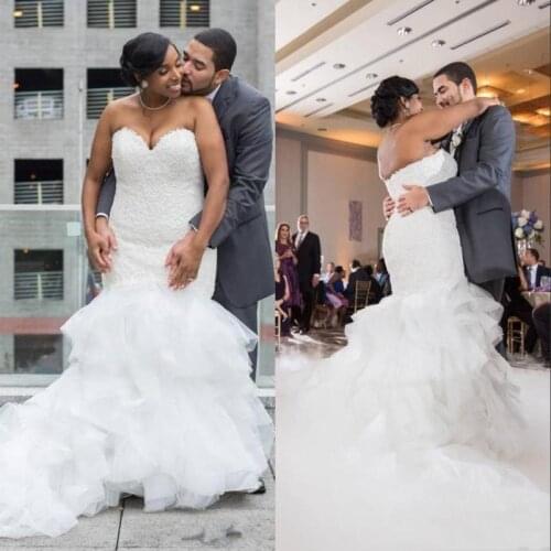 African Black Girls Plus Size Mermaid Wedding Dresses 2023 Sweetheart Ruffles Tiered Skirt Modest Bridal Gowns