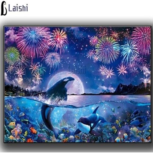 Full round square drill Dolphins jump out of the water to watch the firework show Diamond Embroidery diamond painting Diamond Mo