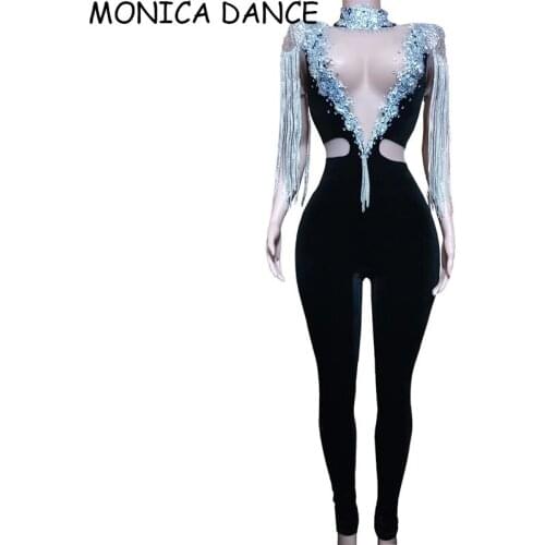 Silver Rhinestones Fringe Transparent Jumpsuit Black Velvet Stretch Leggings Chains Shoulder Outfit Singer Dance Wear Costume