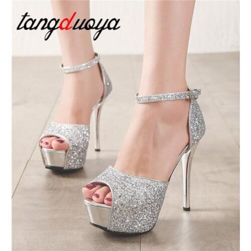 Silver Super High pumps women shoes ankle strap peep Toe high heels shoes woman Platform Heels wedding shoes bride heels 14cm