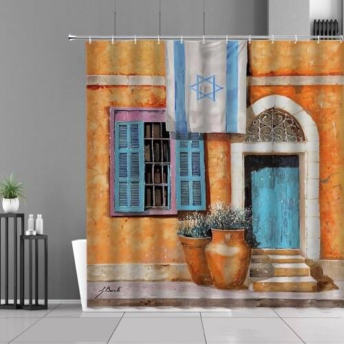Western Town Shower Curtains Retro Doors Old House Architecture Green Plants Bathroom Decor Curtain Screen Waterproof Polyester