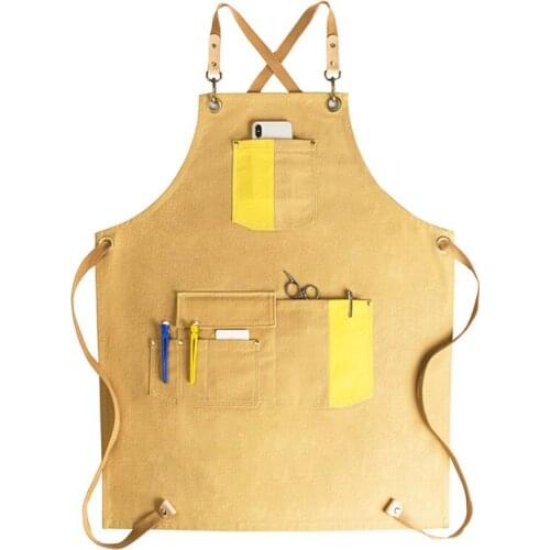 Yellow Gray Canvas Apron Crossback Strap Barista Bistro Bartender Waitstaff Pastry Chef Uniform Florist Manicure Work Wear E51