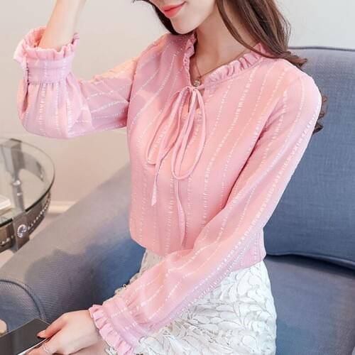 Women Spring Summer Style Chiffon Blouses Shirts Lady Casual Long Sleeve Bow Tie Collar Striped Printed Blusas Tops ZZ0491
