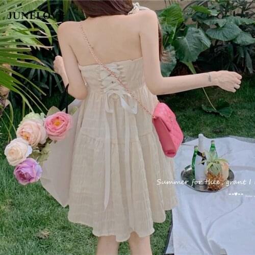 JuneLove Sexy Elegant Strap Dresses Women Sleeveless Sweet Bandage Party Dresses Backless French Retro Beach Dresses Summer 2021