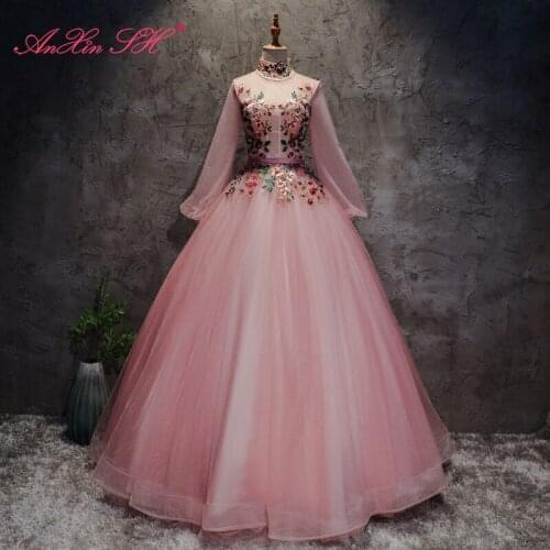 AXJFU high flower lace evening dress, pink flower princess Korean sisters evening dress stage flower evening dress YDY455