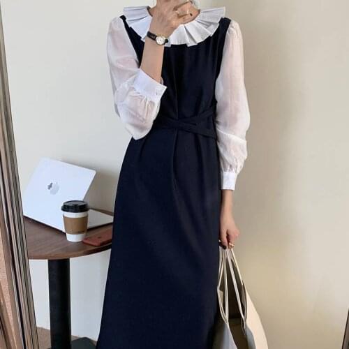 2021 New Spring Women French Retro Dress Pleated Loose Gentle Puff Sleeves Elegant Long Chic Female Fashion