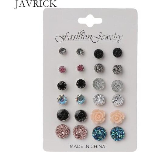 12 Pairs Assorted Crystals Druzy Stone Resin Stone Round Stud Earrings Set Women Earring Jewelry Women Ear Jewelry Gift