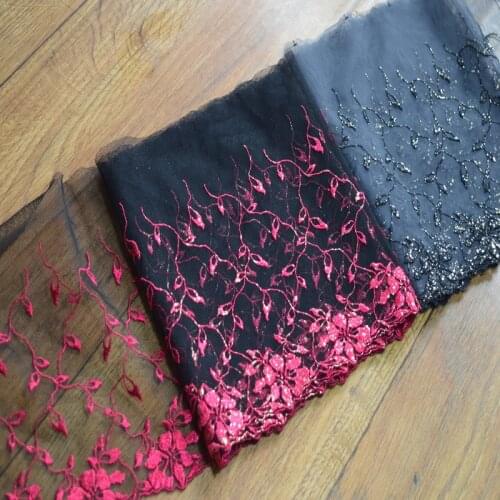 2yds/lot)black gauze floral red~gold floral Embroidery Hight quality lace fabrics embroidered lace trim 17040901