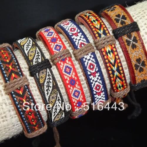 Mix 12pcs Fabric Leather Vintage Embroidery Bracelets Bangles for Mens Womens Wholesale Jewelry Lots A-770