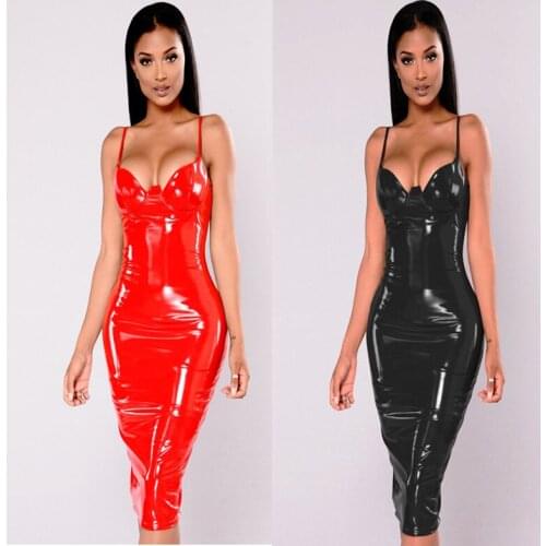 Women Sexy Wet Look Red Black Latex PVC Sling Zipper Up Knee Length Dress S-6XL elegant dress