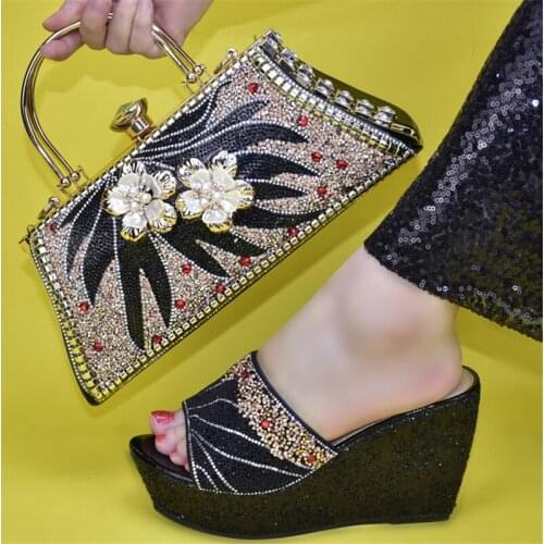 Doershow New Arrival African Wedding Shoes and Bag Set black Italian Shoes with Matching Bags Nigerian Women party! HUK1-20