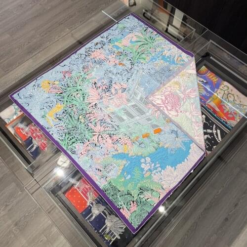 90cm Double Sided 100% Silk Scarf Brand Design Jungle Hand Rolled Edges Natural Silk Square Scarf Shawl Women Hijab Bandana