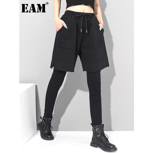 [EAM] Women Black Brief Drawstring Wide Leg Shorts New High Waist Loose Fit Trousers Fashion Tide Spring Autumn 2021 1DC426