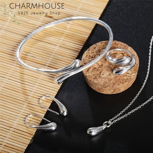 Silver Jewelry Set For Women Water Drop Pendant Necklace Earrings Bracelet Ring 4pcs Statement Jewellery Set Wholesale Bijoux