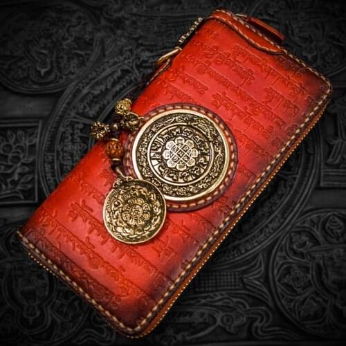 Handmade Genuine Leather Carving Scripture Reddish Brown Wallets Purses Women Men Long Clutch Vegetable Tanned Leather Wallet