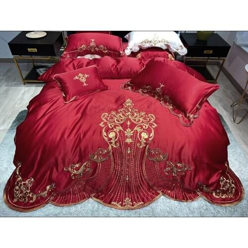 Red Satin Silk Cotton Gold Embroidery European Wedding Bedding Set Double Duvet Cover Set Bed Linen Lace Bed Skirt Pillowcases