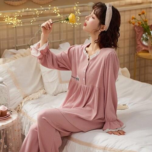 Lace Pajamas Female Princess Spring Autumn Cotton Two Piece Set Long Sleeve Cute Girls Home Clothes New Large Size Pijama Women