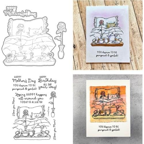 I Love You Mom Sleeping Cat Metal Cutting Dies Matching Clear Stamp DIY Scrapbooking Crafts Card Photo Making New Supplie