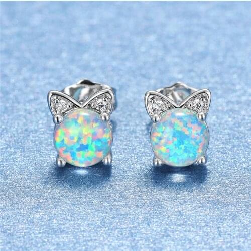 Cute Female White Opal Round Earrings Small Silver Color Stud Earrings For Women Kawaii Trendy Bridal Cat Wedding Earrings
