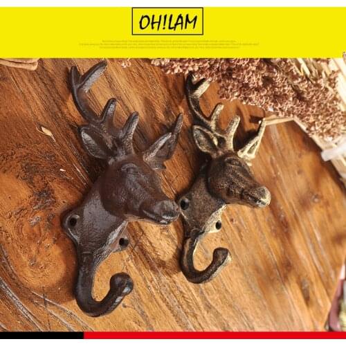 Rustic Heavy Duty Cast Iron Deer Head Wall Antler Key Holder Hanging Towel Key Coat Rack Iron Hanger Living Room Bathroom Decor